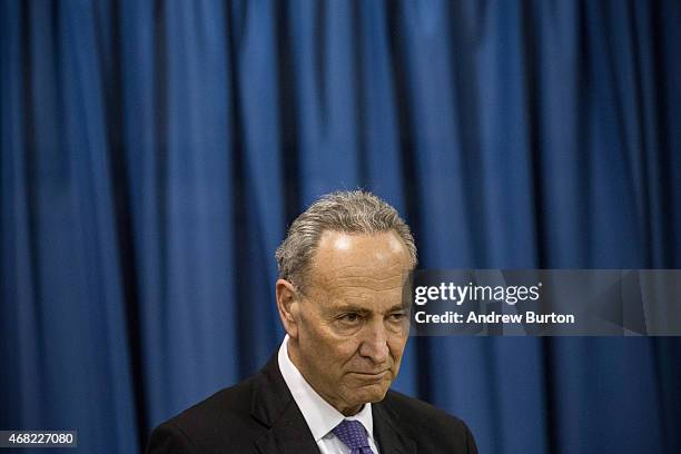 Sen. Charles Schumer attends a press conference announcing federal funding for Super Storm Sandy recovery efforts on March 31, 2015 in New York City....