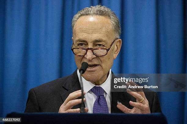 Sen. Charles Schumer attends a press conference announcing federal funding for Super Storm Sandy recovery efforts on March 31, 2015 in New York City....