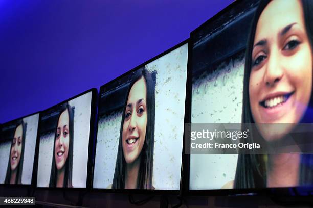 Picture featuring Meredith Kercher is displayed during 'Porta A Porta' TV talk show dedicated to the final verdict of The Meredith Kercher Murder on...