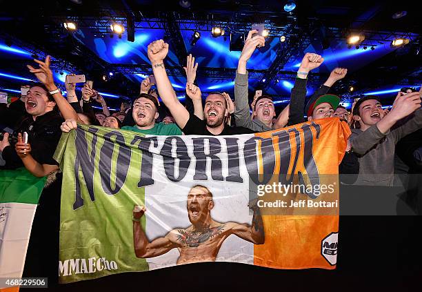 Fans cheer for Conor McGregor of Ireland during the UFC 189 World Championship Fan Event on March 31, 2015 in Dublin, Ireland.