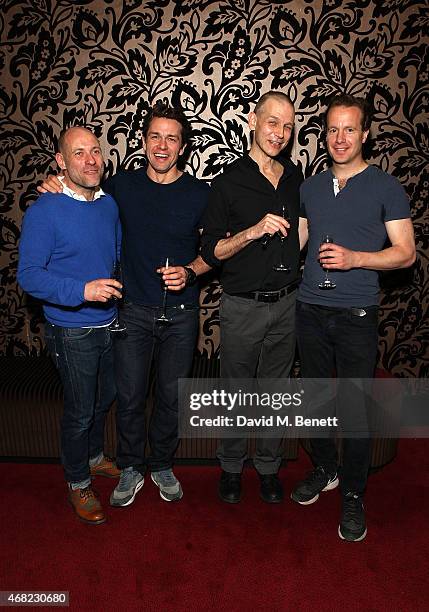 Matt Bardock, Julian Ovenden, Richard Cant and Geoffrey Streatfeild attend the "My Night With Reg" 21st Birthday Gala at The Apollo Theatre on March...