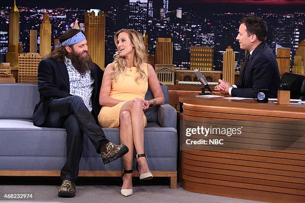 Episode 0236 -- Pictured: Television personalities Willie Robertson and Korie Robertson during an interview with host Jimmy Fallon on March 31, 2015...