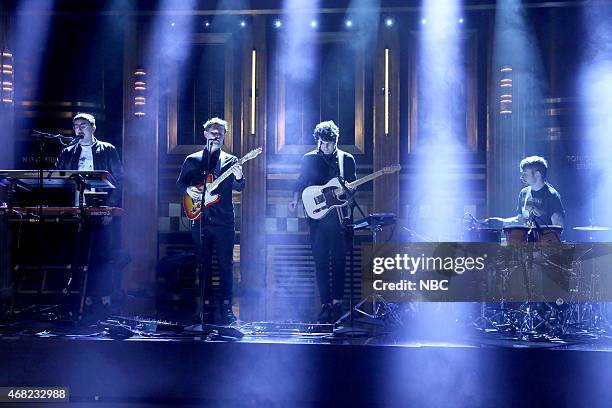 Episode 0236 -- Pictured: Gus Unger-Hamilton, Joe Newman, Gwil Sainsbury and Thom Green of musical guest alt-J perform on March 31, 2015 --