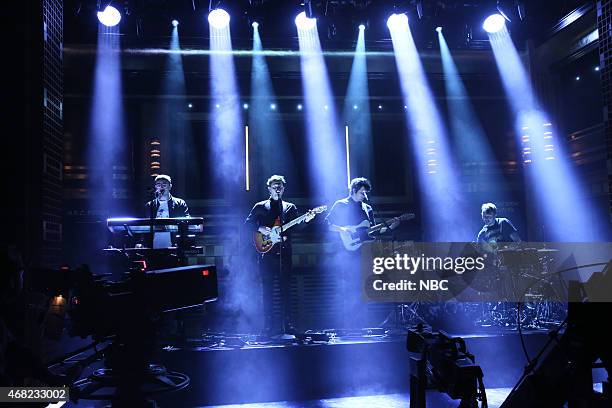 Episode 0236 -- Pictured: Gus Unger-Hamilton, Joe Newman, Gwil Sainsbury and Thom Green of musical guest alt-J perform on March 31, 2015 --