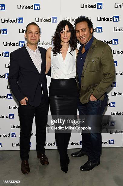 Dan Roth, LinkedIn Executive Editor, Lillian LaSalle and Aasif Mandvi attend LinkedIn Discussion Series: Executive Editor Dan Roth Interviews The...