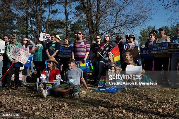 March 31: Demonstrators gather at Karst Farm Park on March 31, 2015 in Bloomington, Indiana. Responding to widespread criticism nationally over the...