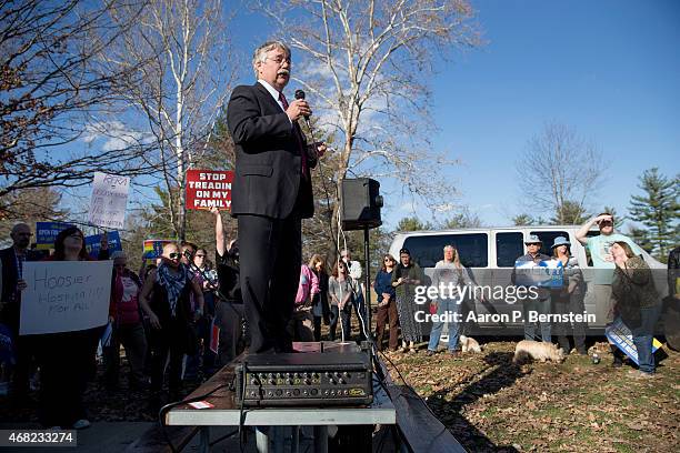 March 31: Indiana Attorney General Greg Zoeller speaks to a gathering at Karst Farm Park on March 31, 2015 in Bloomington, Indiana. Responding to...