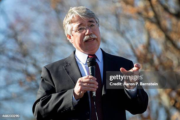 March 31: Indiana Attorney General Greg Zoeller speaks to a gathering at Karst Farm Park on March 31, 2015 in Bloomington, Indiana. Responding to...