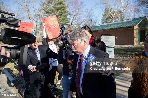 March 31: Indiana Attorney General Greg Zoeller speaks to the media as he leaves a demonstration at Karst Farm Park on March 31, 2015 in Bloomington,...