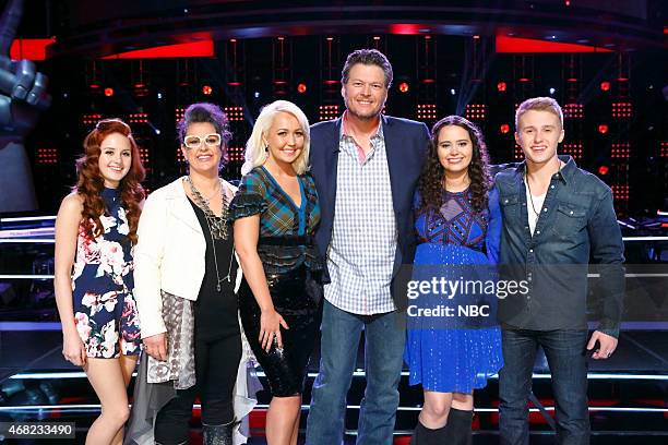 Knockout Rounds" Episode 811B -- Pictured: Brooke Adee, Sarah Potenza, Meghan Linsey, Blake Shelton, Hannah Kirby, Corey Kent White --