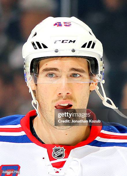 James Sheppard of the New York Rangers looks on during the pre-game warm up prior to NHL action against the Winnipeg Jets on March 31, 2015 at the...