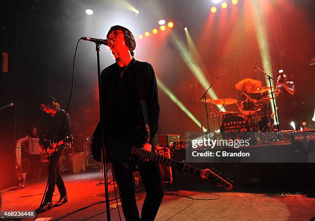 Johnny Bond, Van McCann and Bob Hall of Catfish And The Bottlemen perform on stage at O2 Shepherd's Bush Empire on March 31, 2015 in London, United...
