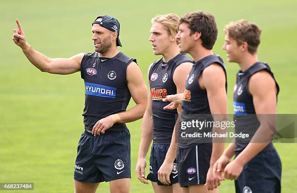 Chris Judd of the Blues gestures during a Carlton Blues AFL training session at Ikon Park on April 1, 2015 in Melbourne, Australia.