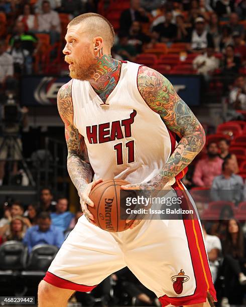 Chris Andersen of the Miami Heat handles the ball against the San Antonio Spurs on March 31, 2015 at American Airlines Arena in Miami, Florida. NOTE...