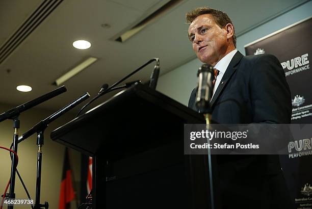 Ben McDevitt holds a press conference following yesterday's verdict on the Essendon Bombers AFL anti-doping case at the Department of Health offices...