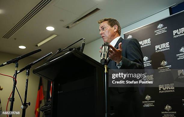 Ben McDevitt holds a press conference following yesterday's verdict on the Essendon Bombers AFL anti-doping case at the Department of Health offices...