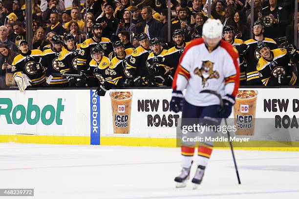 The Boston Bruins celebrate after Milan Lucic of the Boston Bruins scored the gamd winning goal against the Florida Panthers during the third period...