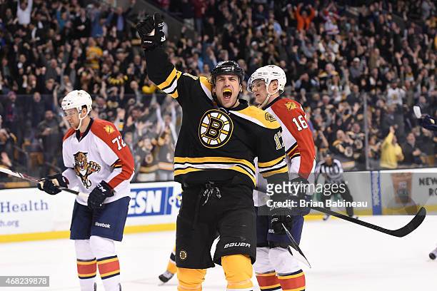 Milan Lucic of the Boston Bruins celebrates a goal against the Florida Panthers at the TD Garden on March 31, 2015 in Boston, Massachusetts.