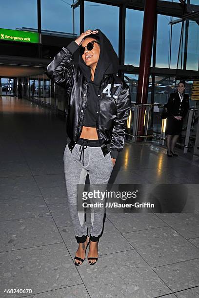 Rihanna is seen at the Heathrow Airport on September 27, 2012 in London, United Kingdom.
