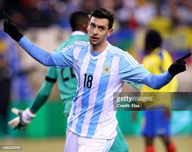 Javier Pastore of Argentina celebrates his goalduring a friendly match at MetLife Stadium on March 31, 2015 in East Rutherford, New Jersey.Argentina...