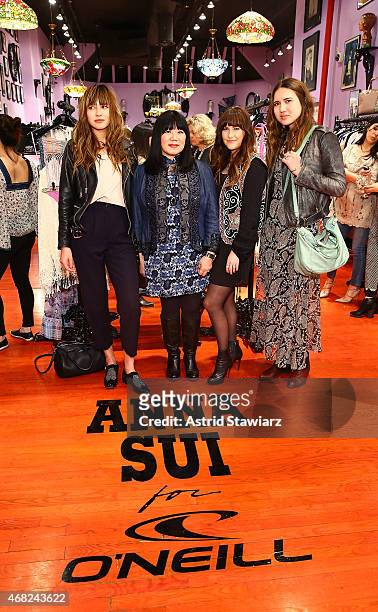 Model Natalie Suarez, fashion designer Anna Sui, design director at O'Neill, Rachael Hill and Dylana Suarez attend the Anna Sui for O'Neill...