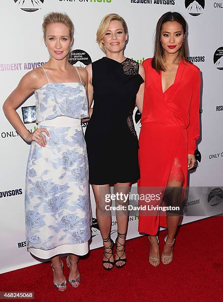 Actresses Anna Camp, Elizabeth Banks and Jamie Chung attend the premiere of Paramount and Hulu's "Resident Advisors" at the Sherry Lansing Theatre at...