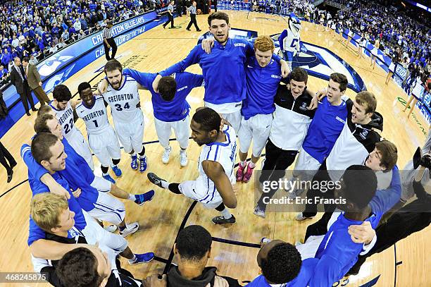 Jahenns Manigat of the Creighton Bluejays and teammates prepare to take on St. John's Red Storm their game at CenturyLink Center on January 28, 2014...