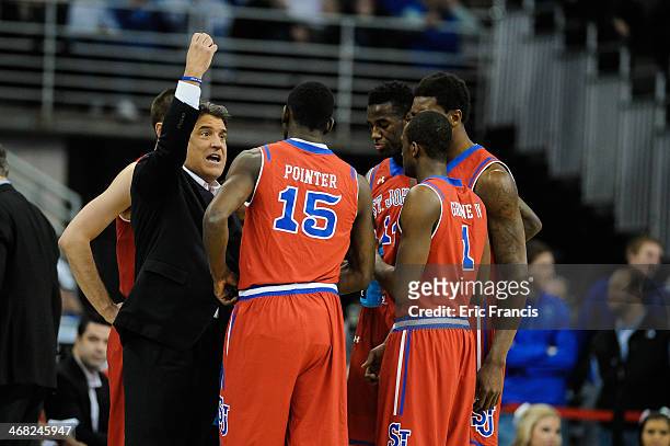 Head coach Steve Lavin of the St. John's Red Storm talks to his team during their game against the Creighton Bluejays at CenturyLink Center on...