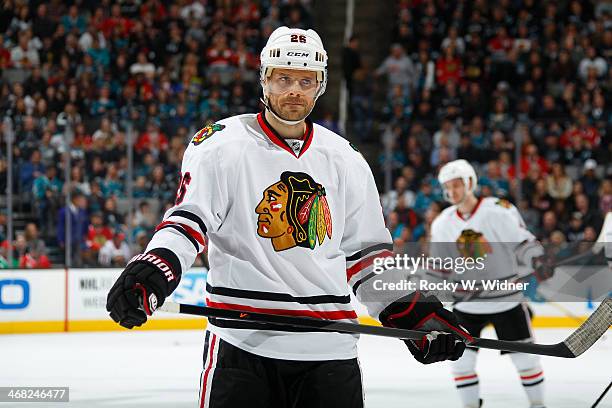 Michal Handzus of the Chicago Blackhawks during a break in play against the San Jose Sharks at SAP Center on February 1, 2014 in San Jose, California.