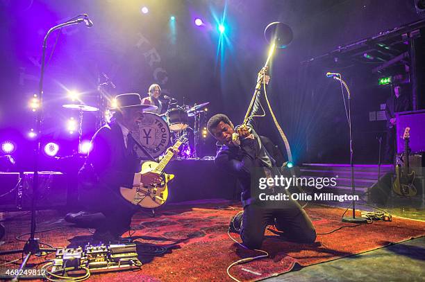 Nalle Colt, Richard Danielson and Ty Taylor of Vintage Trouble perform on stage during the bands sold out show at KOKO on March 31, 2015 in London,...