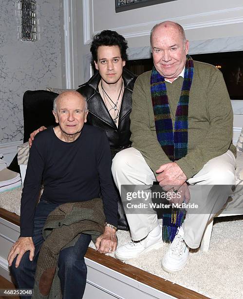 Playwright Terrence McNally, T.R. Knight and director Jack O'Brien during a backstage champagne celebration to welcome original cast member Nathan...