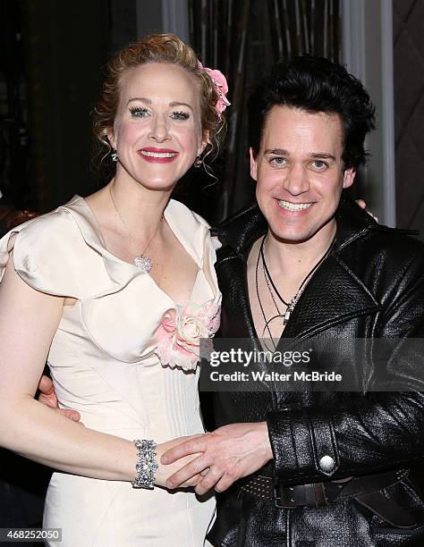 Katie Finneran and T.R. Knight during a backstage champagne celebration to welcome original cast member Nathan Lane and new cast member T.R. Knight...