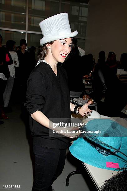 Designer Caitlin Kelly backstage at the Hairshion fashion show during Mercedes-Benz Fashion Week Fall 2014 at Alvin Alley Studios on February 9, 2014...