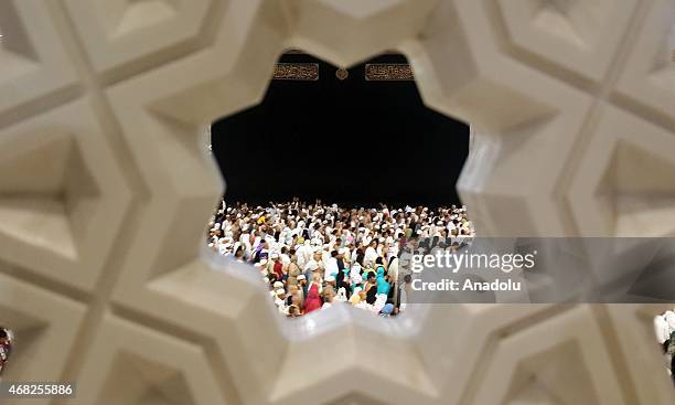 Thousands of Muslims gather at the Grand Mosque , in Islam's holiest city of Mecca and home to the Qabba on April 1,2015 as Muslims perform the Umrah...