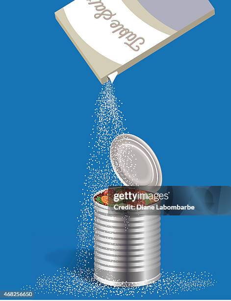salt being poured on an open can of vegetable soup - ready to eat stock illustrations
