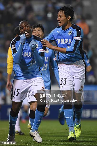 Adailton of Jubilo Iwata celebrates his opener during the J.League second division match between Jubilo Iwata and Tochigi SC at Yamaha Stadium on...