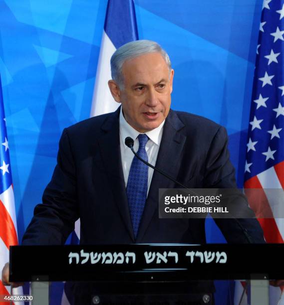 Israeli Prime Minister Benjamin Netanyahu holds a press conference with US House Speaker John Boehner at the prime minister's office in Jerusalem on...