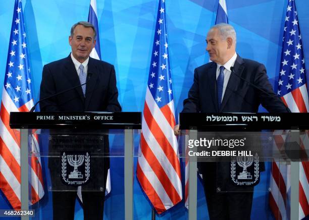 House Speaker John Boehner and Israeli Prime Minister Benjamin Netanyahu hold a press conference at the prime minister's office in Jerusalem on April...