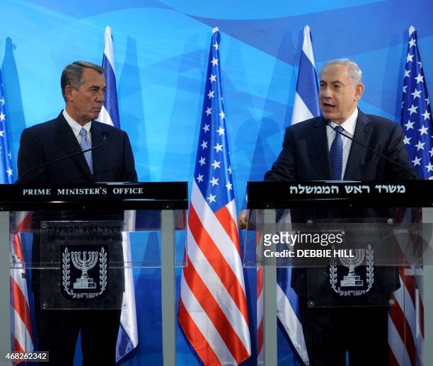 House Speaker John Boehner and Israeli Prime Minister Benjamin Netanyahu hold a press conference at the prime minister's office in Jerusalem on April...