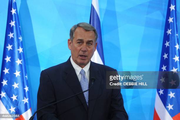 House Speaker John Boehner holds a press conference with Israeli Prime Minister Benjamin Netanyahu at the prime minister's office in Jerusalem on...