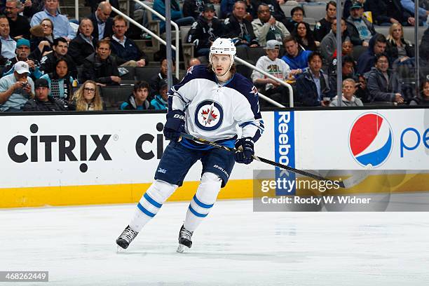 Keaton Ellerby of the Winnipeg Jets skates against the San Jose Sharks at SAP Center on January 23, 2014 in San Jose, California.