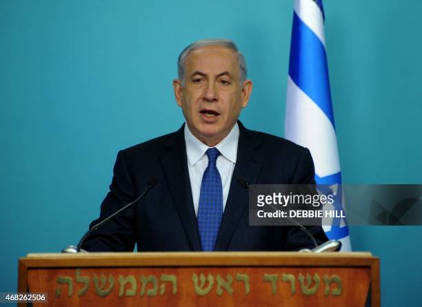 Israeli Prime Minister Benjamin Netanyahu makes a statement to the press about negotiations with Iran at his office in Jerusalem on April 1, 2015....
