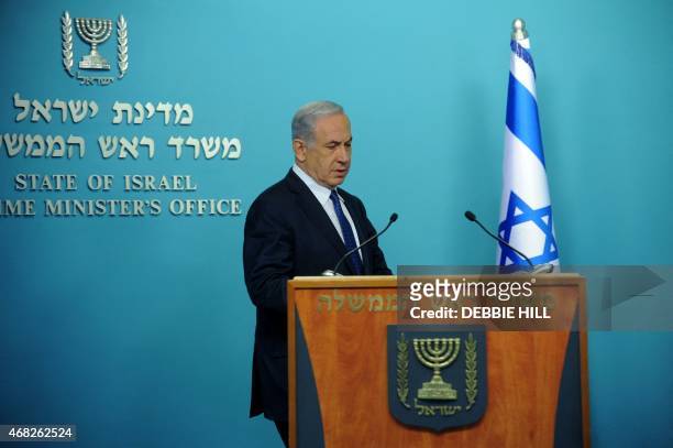 Israeli Prime Minister Benjamin Netanyahu makes a statement to the press about negotiations with Iran at his office in Jerusalem on April 1, 2015....