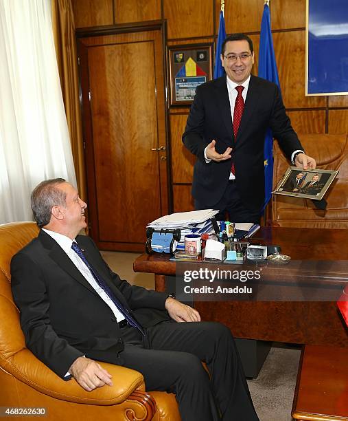 Turkish President Recep Tayyip Erdogan meets with Romanian Prime Minister Victor Ponta in Bucharest, Romania on April 01, 2015.