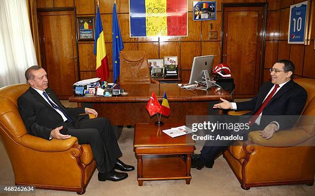 Turkish President Recep Tayyip Erdogan meets with Romanian Prime Minister Victor Ponta in Bucharest, Romania on April 01, 2015.