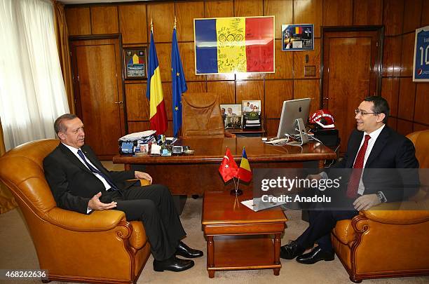 Turkish President Recep Tayyip Erdogan meets with Romanian Prime Minister Victor Ponta in Bucharest, Romania on April 01, 2015.