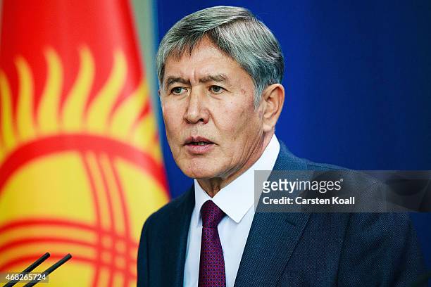 Kyrgyzstanstan President Almazbek Atambayev attends a press conference with German Chancellor Angela Merkel at Chancellery on April 1, 2015 in...