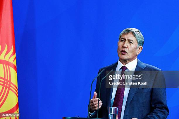 Kyrgyzstanstan President Almazbek Atambayev attends a press conference with German Chancellor Angela Merkel at Chancellery on April 1, 2015 in...