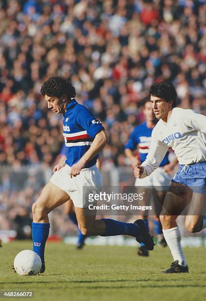 Sampdoria striker Gianluca Vialli in action during a match against Napoli circa 1984 in Genoa, Italy.