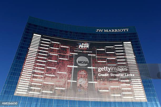 Foot tall NCAA Men's Basketball Tournament bracket is seen on the JW Marriott Indianapolis leading up to the 2015 Final Four at Lucas Oil Stadium on...